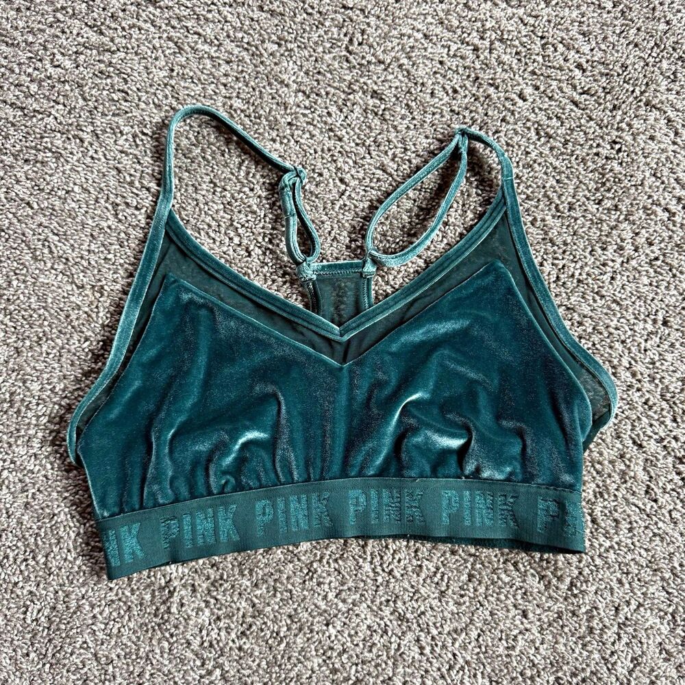 Victoriaβs Secret PINK Sport XS Green Velvet Velour Racerback Sports Bra Logo